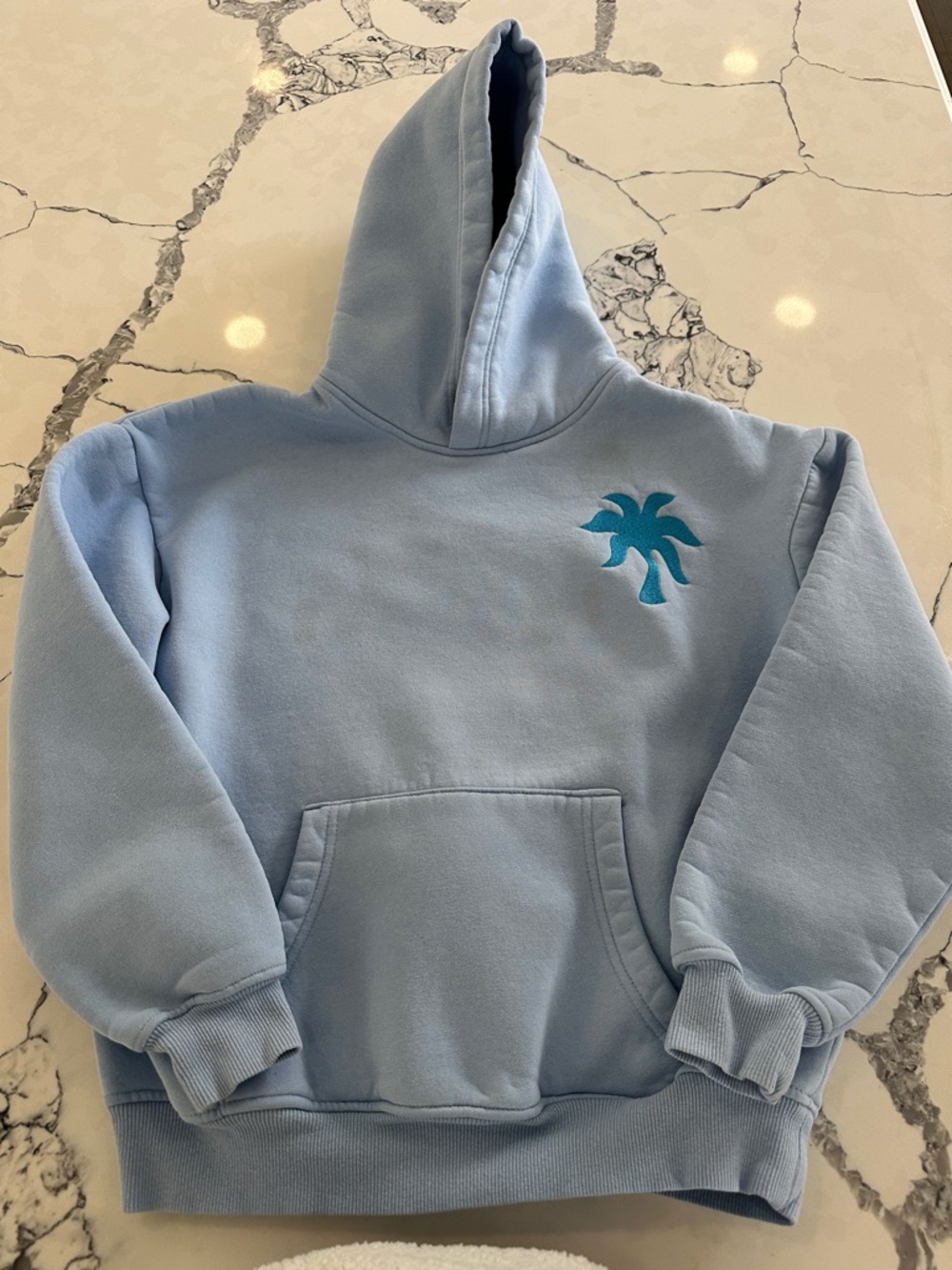 Light Blue Hoodie w Aqua Graphic "Everything Comes in Waves" Pink Palm Puff XXS - Picture 2 of 5